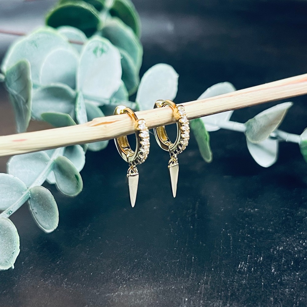 Gold Athame Huggie Hoop Earrings | 14k Plated Dagger Charm | Clear Rhinestone